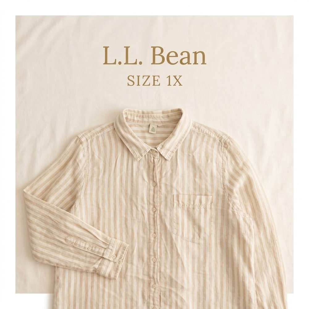 L.L. Bean 100% Linen Striped Button Down Shirt Womens 1X Tan Coastal